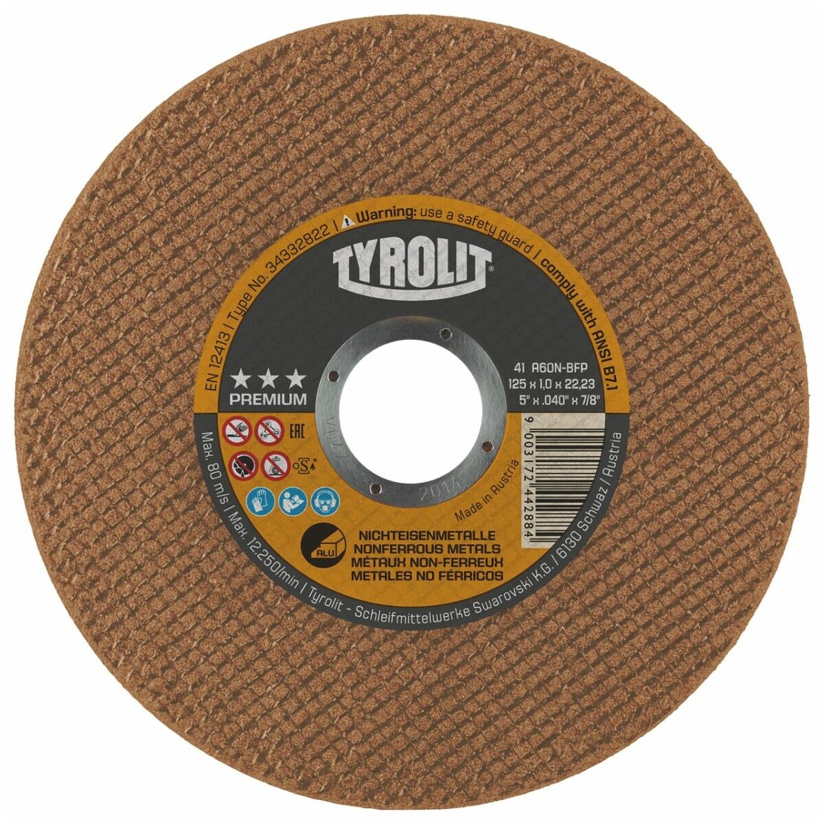 Griešanas disks alumīnijam Tyrolit 34332824; 41F; 125x1,6x22,23 mm; A46N-BFP