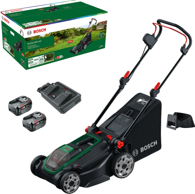 Akumulatora zāles pļāvējs Bosch Rotak 18V2-43; 18 V; 2x4,0 Ah akum.