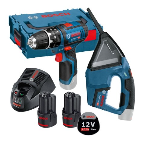 Akumulatora triecienurbjmašīna-skrūvgriezis Bosch GSB 12V-15; 12 V; 2x2,0 Ah akum. + akumulatora putekļsūcējs GAS 12 V + adapteris akumulatoru uzlādei no UK uz EU