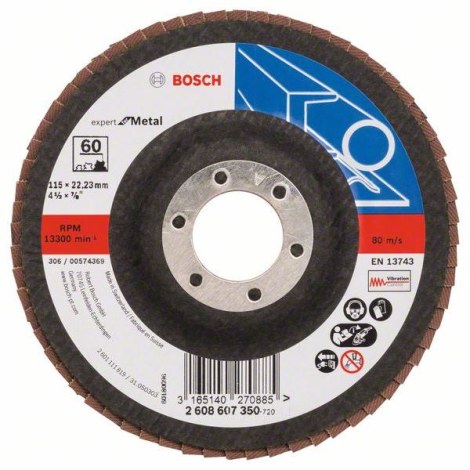 Lāpstveida slīpēšanas disks Bosch Expert for Metal 2608607350; 115x22,23 mm; K60