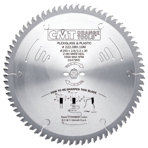 Пильный диск по пластику CMT 222; 250x2,8x30; Z80; -3°