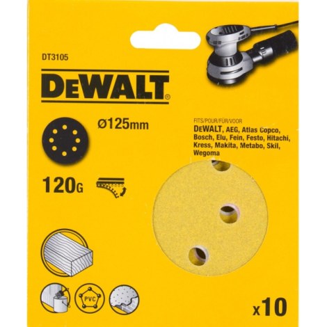 Smilšpapīrs DeWalt DT3105-QZ; K120; 125 mm; 10 gab.