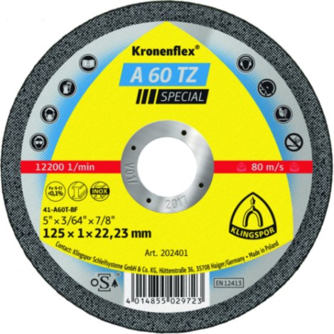 Абразивный режущий диск Klingspor A 60 TZ Special; 125x1 mm; DC; 25 шт.