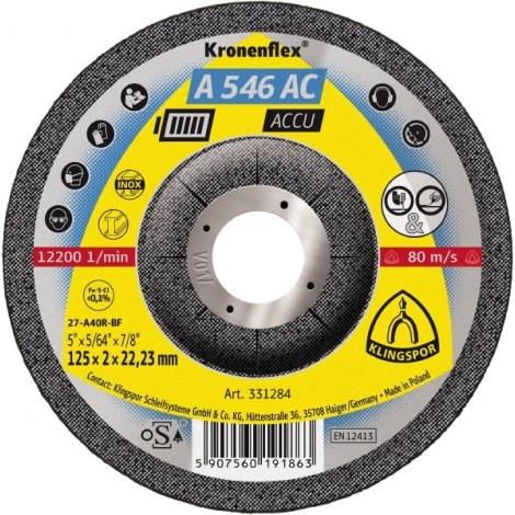 Slīpēšanas disks Klingspor A 546 AC; 125x2x22,23 mm; 25 gab.