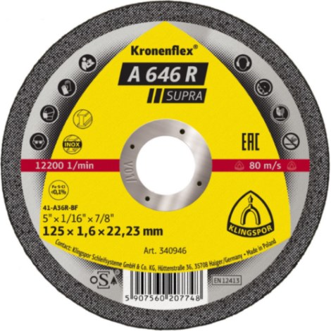 Abrazīvais griešanas disks Klingspor A 646 R Supra; 180x1,6 mm; 1 gab.