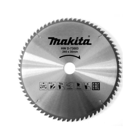 Griešanas disks alumīnijam Makita; 260x2,8x30,0 mm; Z70; 5°