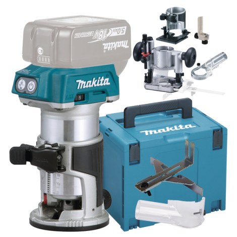 Аккумуляторный kромочный фрезер  Makita DRT50ZJX5; 18 V (без аккумулятора и зарядного устройства) + принадлежностей