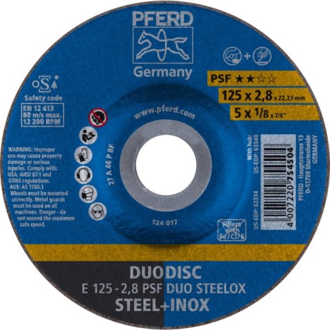 Абразивный режущий диск Pferd PSF DUO Steelox; 125x2,8x22,23 mm