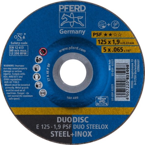 Абразивный режущий диск Pferd PSF DUO Steelox; 125x1,9x22,23 mm