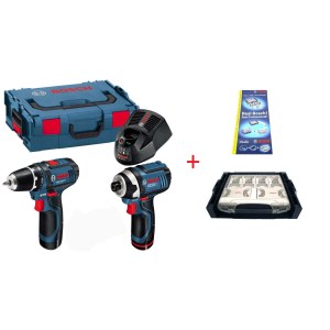 Instrumentu komplekts Bosch (GSR 10,8-2 LI + GDR 10,8-Li); 10,8 V; 2x2,0 Ah akum. + koferis Bosch L-Boxx + piederumi (117 vienumi)