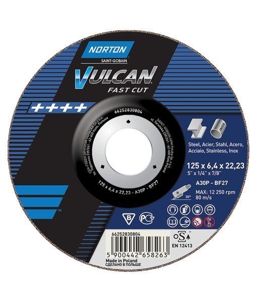 Slīpēšanas disks Norton VULCAN A30S-BF27; 125x6,4x22,2 mm; T27