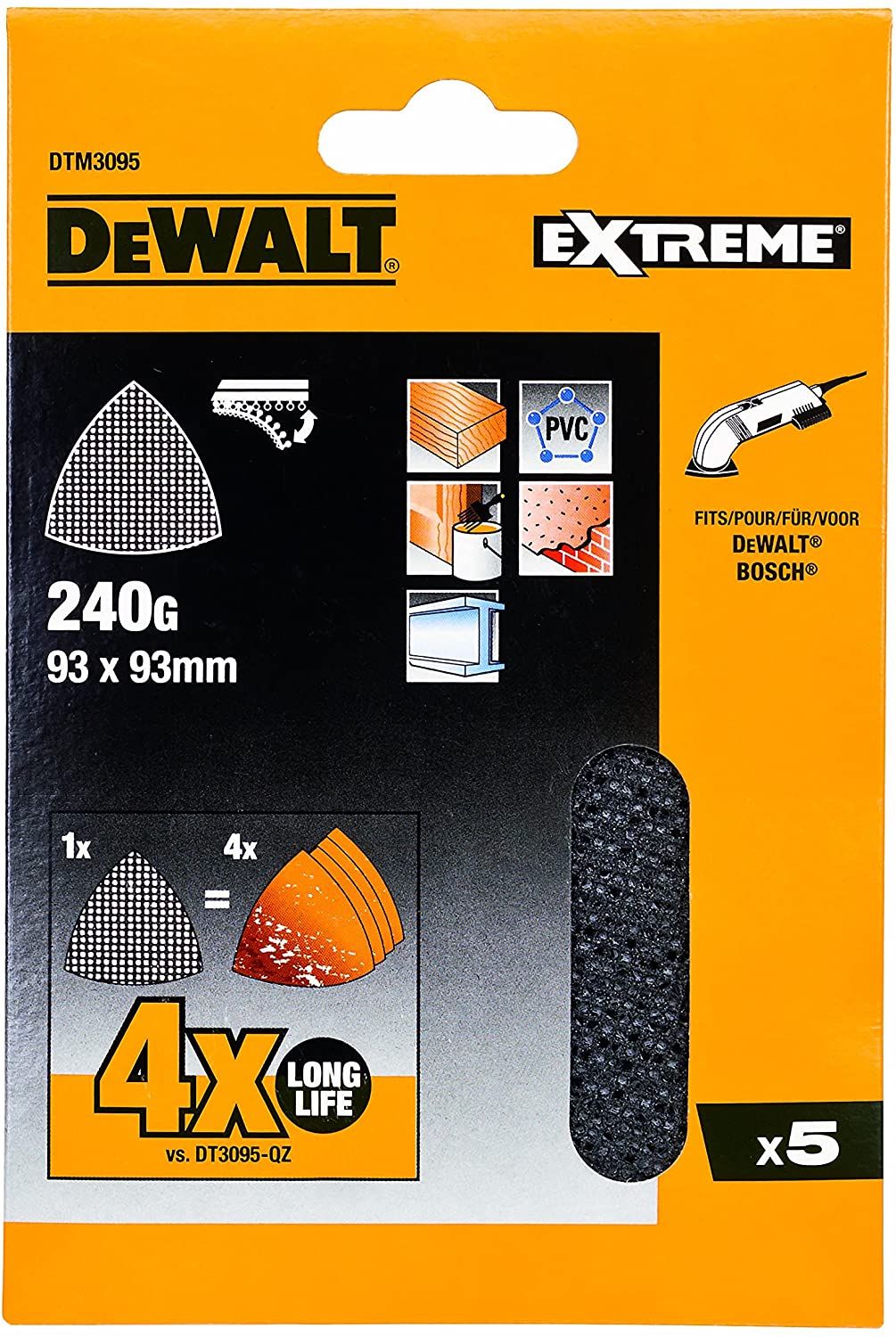 Smilšpapīrs deltveida slīpmašīnām DeWalt DTM3095-QZ; 93x93 mm; P240; 5 gab.