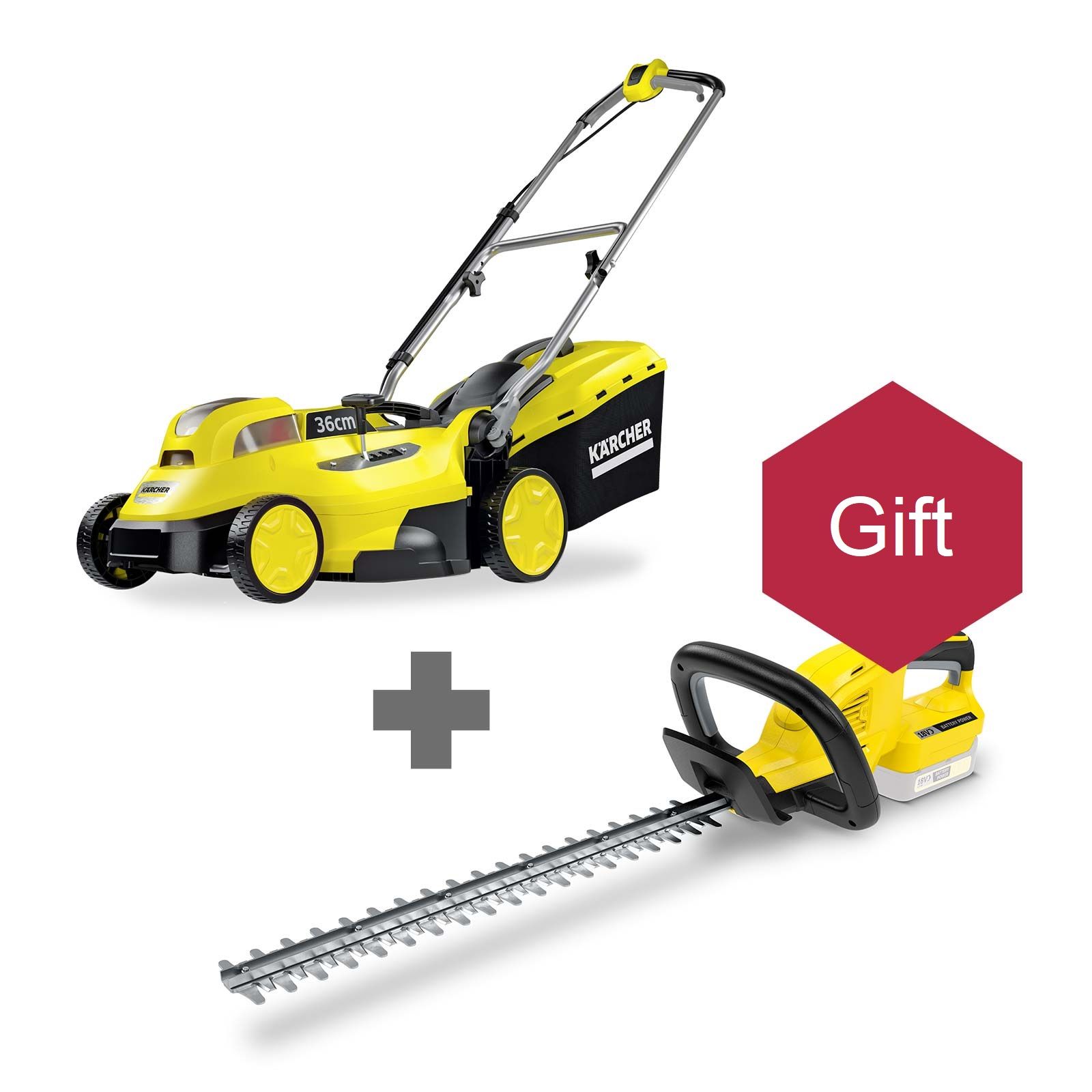 Zāles pļāvējs Karcher LMO 18-36; 18 V; 1x5,0 Ah + Karcher HGE 18-45; 18 V; 45 cm garuma; akumulatora