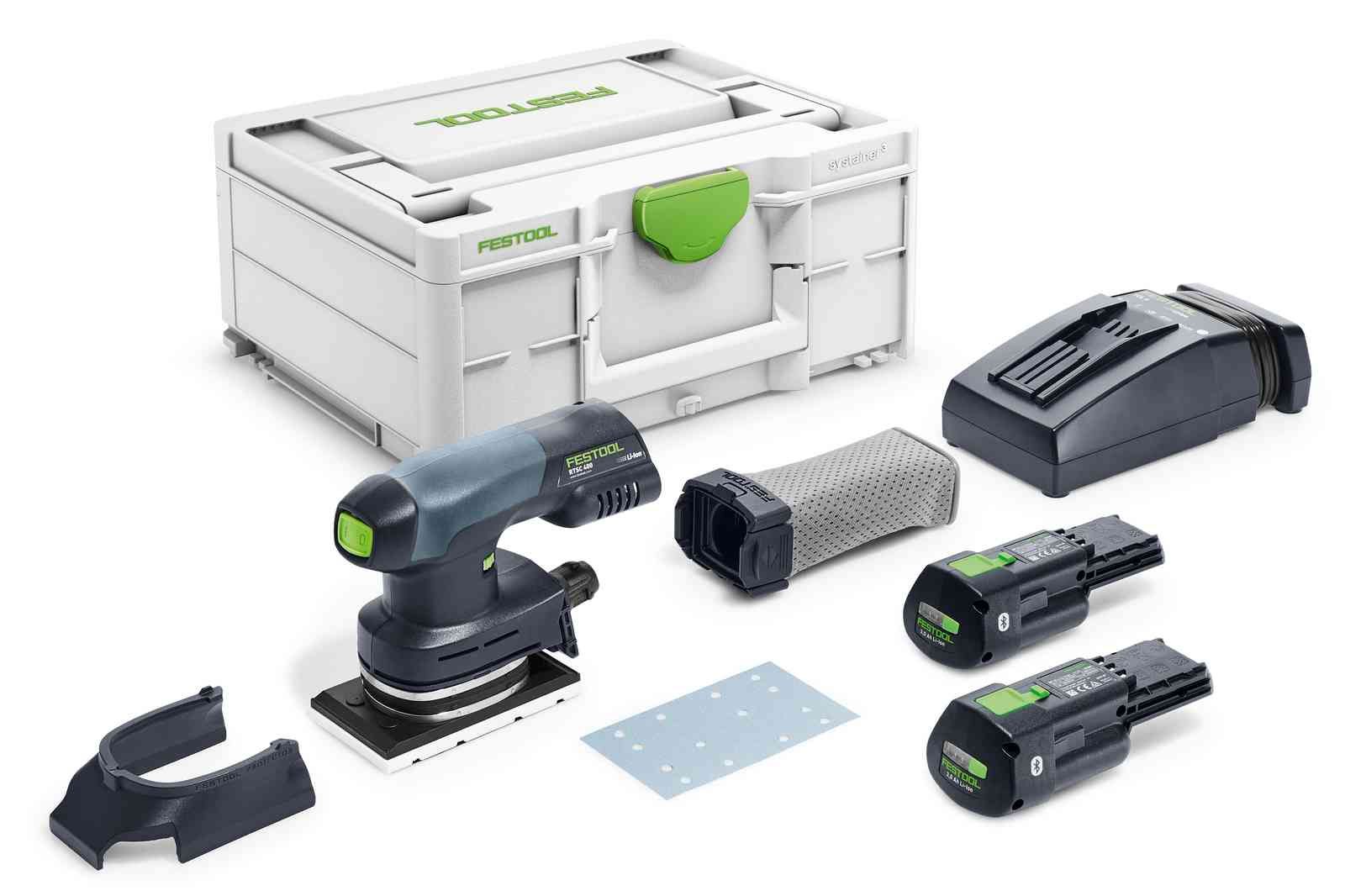 Orbitālā slīpmašīna Festool Rutscher RTSC 400 3,0 I-Plus 18 V; 2x3,0 Ah akum.