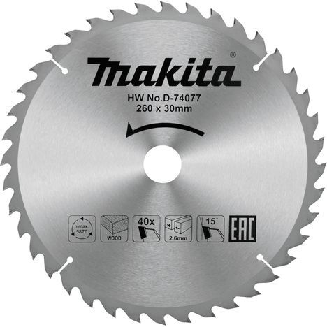 Griešanas disks Makita D-74077 TCT; 260x2,6x30 mm; T40; 15°