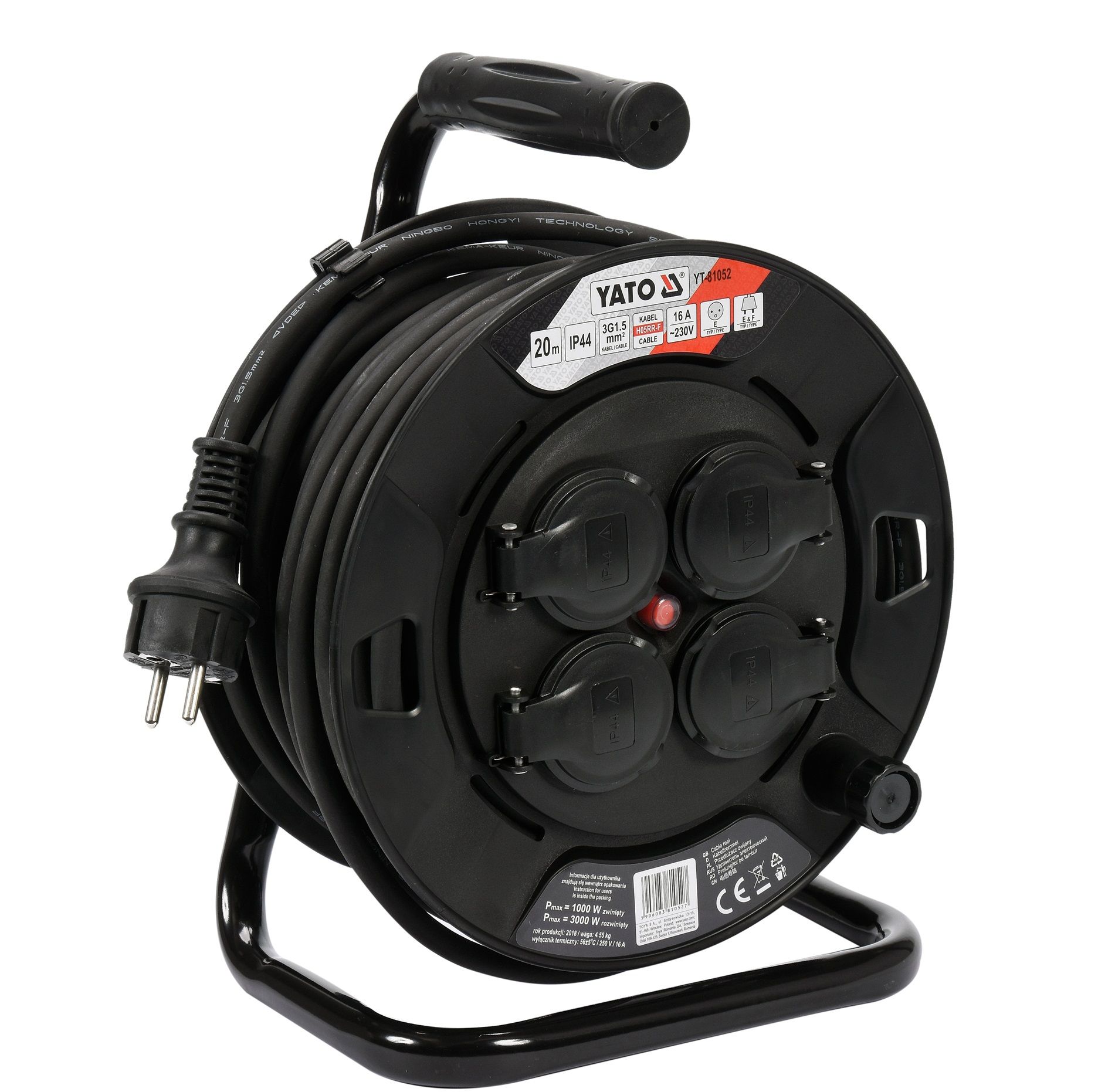 Pagarinātājs saritināms uz spoles Yato YT-81052; 20 m; 3x1,5 mm²