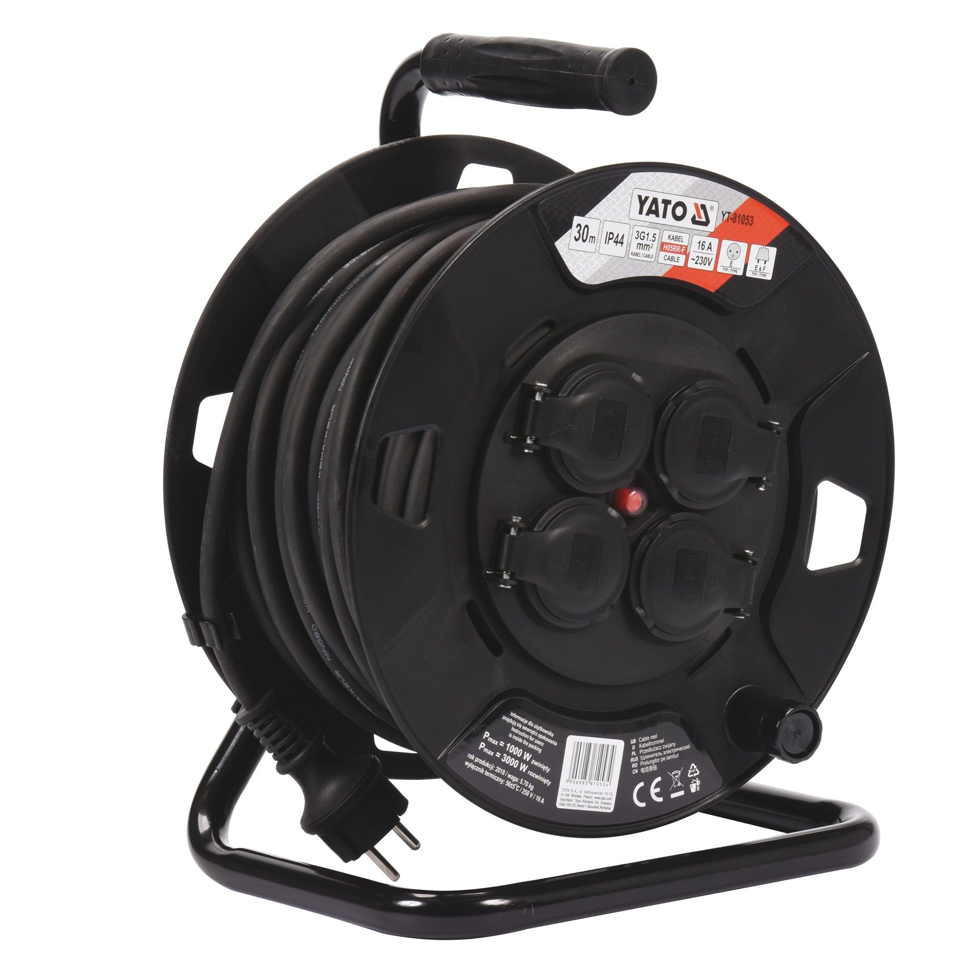 Pagarinātājs saritināms uz spoles Yato YT-81053; 30 m; 3x1,5 mm²