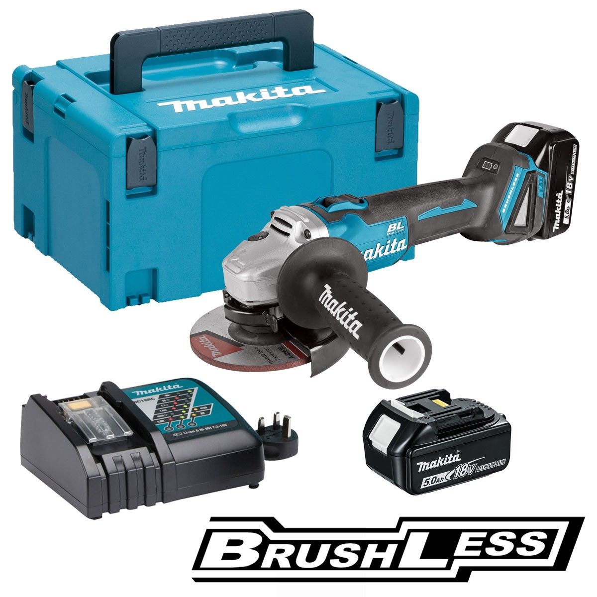 Leņķa slīpmašīna Makita DGA506RTJ; 18 V; 2x5,0 Ah akum.