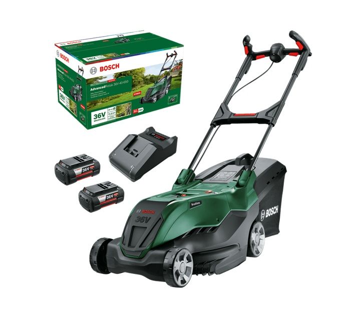 Akumulatora zāles pļāvējs Bosch AdvancedRotak 36V-40-650; 36 V; 2x4,0 Ah akum.