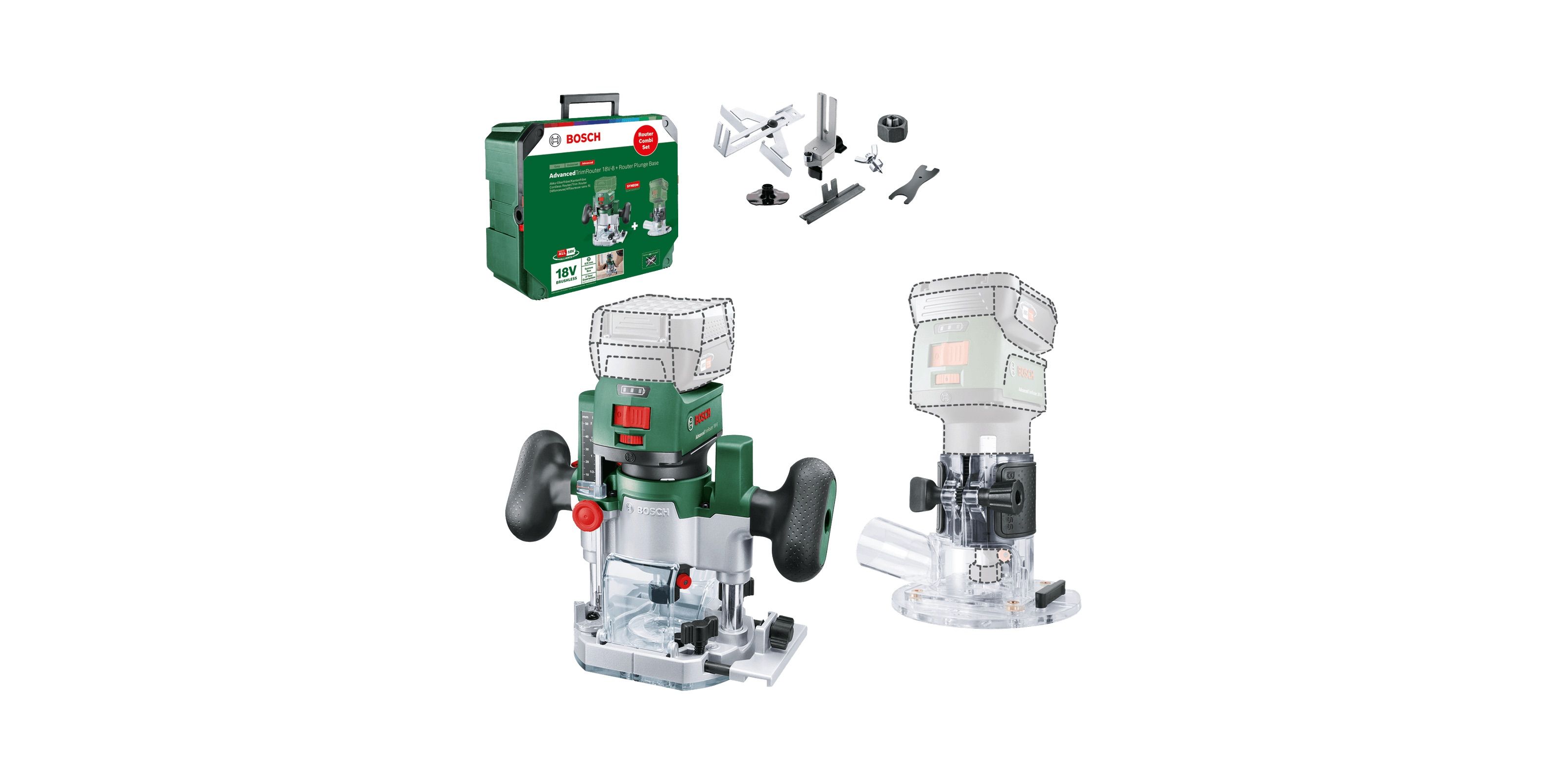 Akumulatora malu frēze Bosch AdvancedTrimRouter 18V-8; 18 V (bez akumulatora un lādētāja) + piederumi