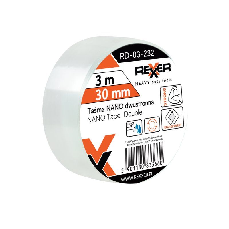 Divpusēja līmlente Rexxer RD-03-232; 30 mm; 3 m; caurspīdīgs