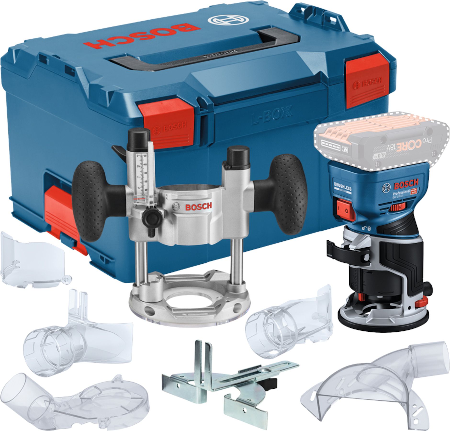 Akumulatora malu frēze Bosch GKF 18V-8 Professional; 18 V (bez akumulatora un lādētāja) + L-BOXX 238