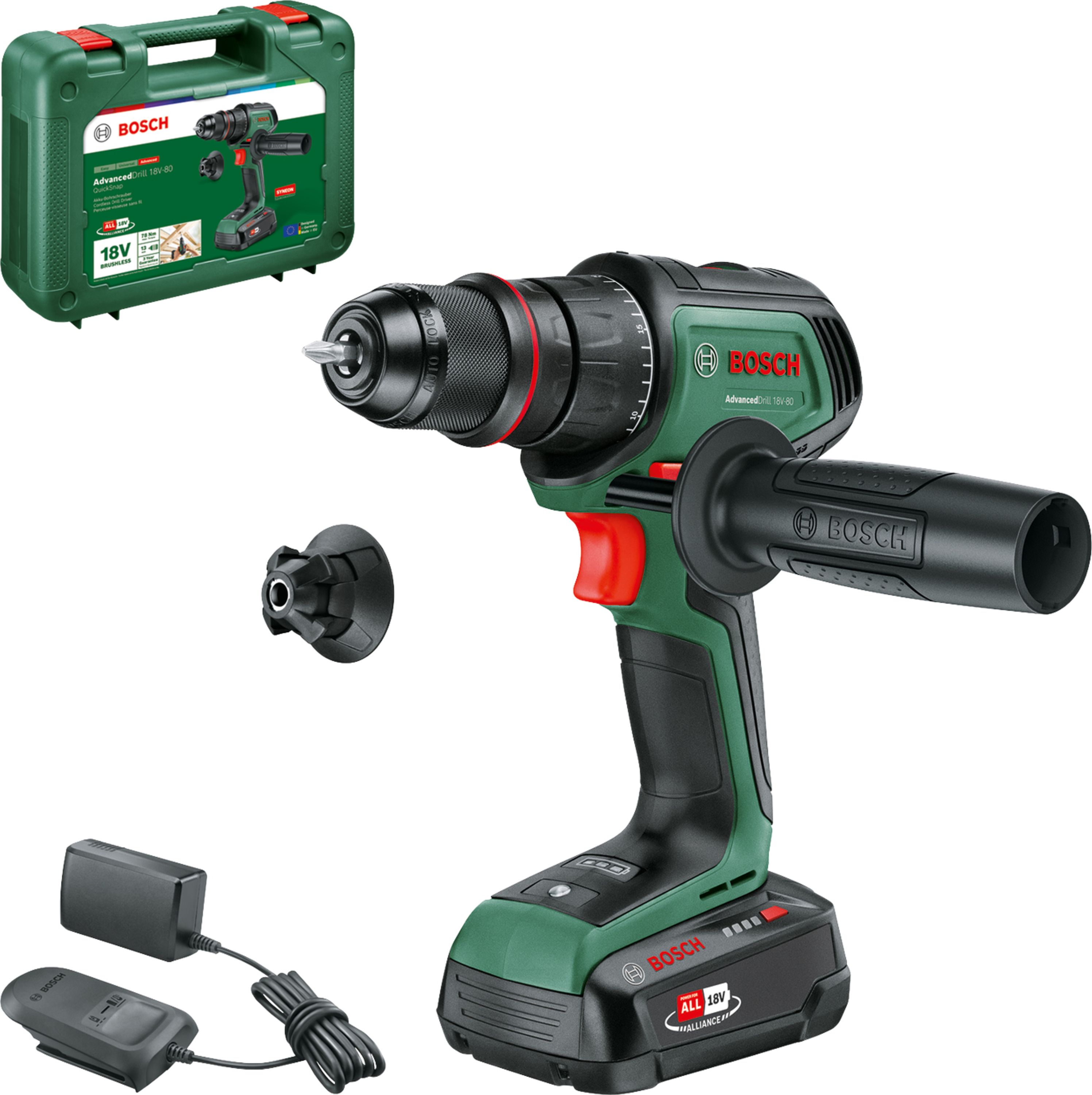 Urbjmašīna-skrūvgriezis Bosch AdvancedDrill 18V-80 QuickSnap; 18 V; 1x2,5 Ah akum.; ar koferi