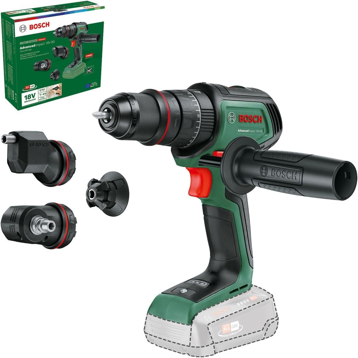 Urbjmašīna-skrūvgriezis Bosch AdvancedDrill 18V-80 QuickSnap (bez akumulatora un lādētāja); ar piederumiem
