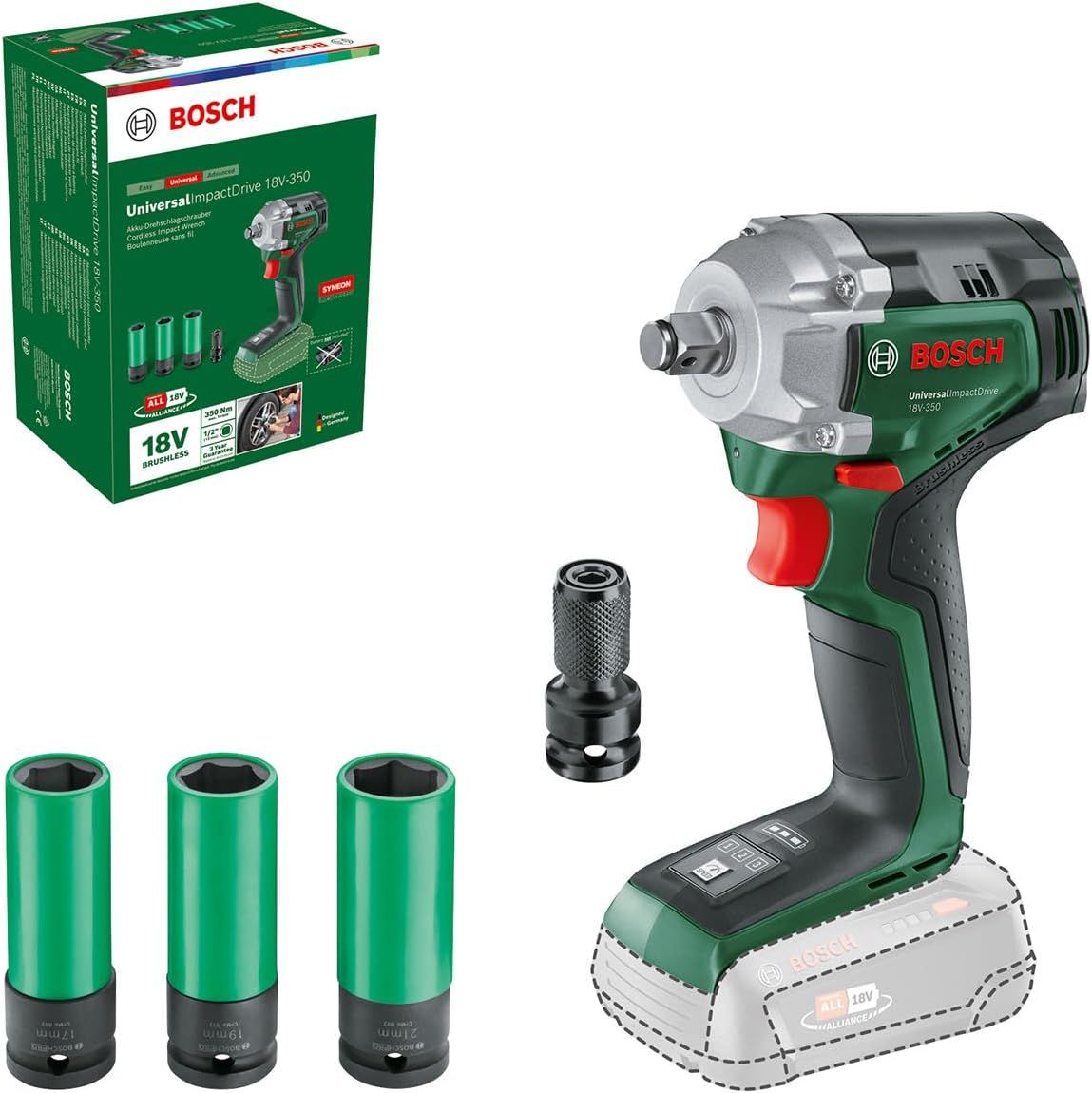 Triecienatslēga Bosch Universal ImpactDrive 18V-350; 18 V (bez akumulatora un lādētāja); ar piederumiem