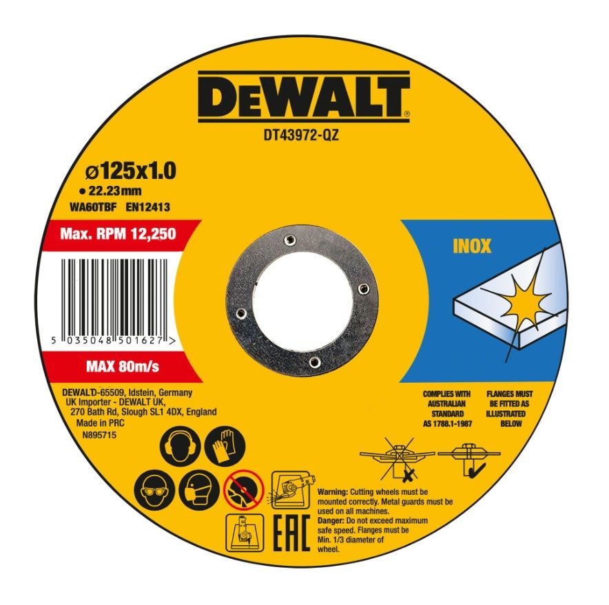 Abrazīvais griešanas disks DeWalt DT43972-QZ; 125x22,23x1,0 mm; 10 gab.