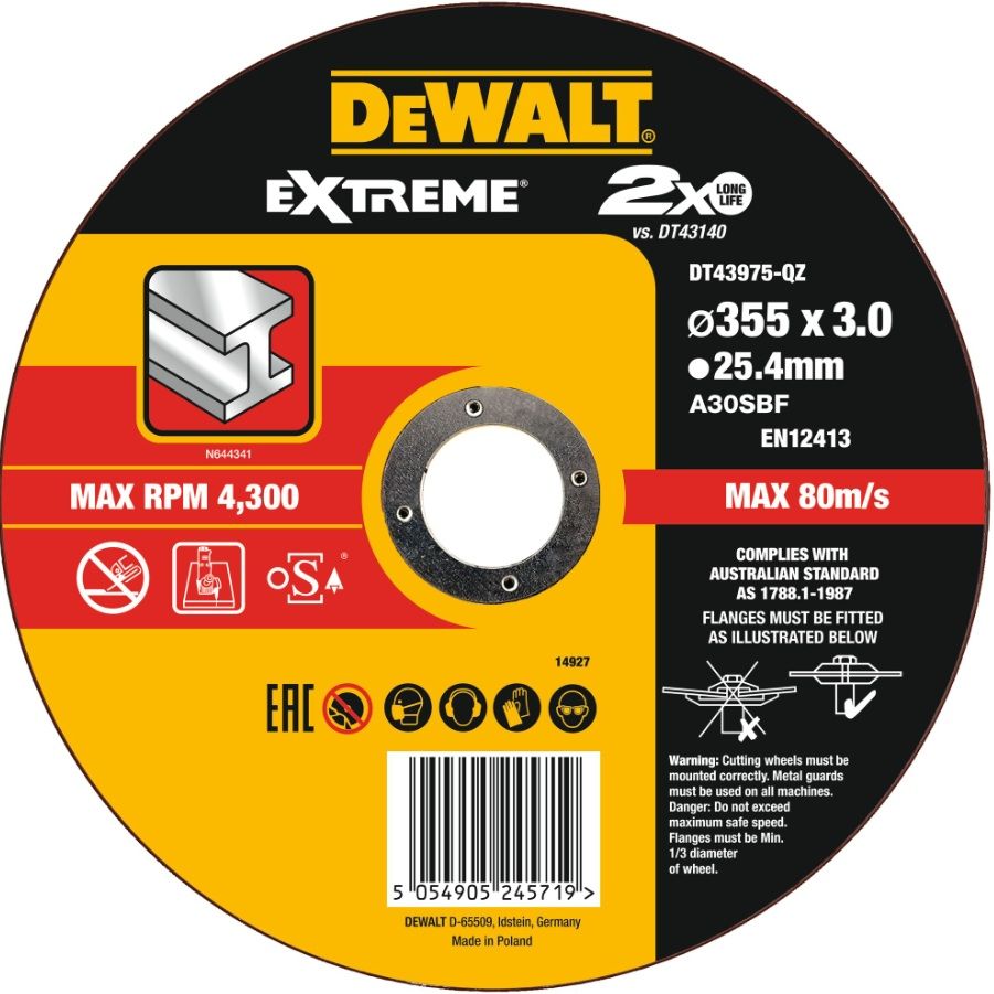 Abrazīvais griešanas disks DeWalt DT43975-QZ; 355x25,4x3,0 mm