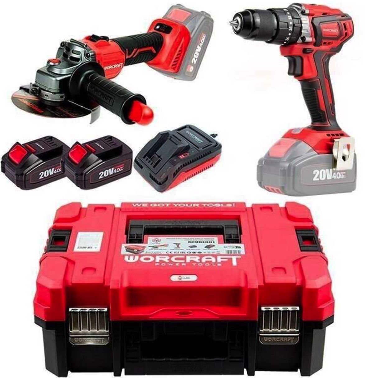Instrumentu komplekts Worcraft XCUBE001 (CHD-S20LiBA + CAG-S20LiBS-125); 20 V; 2x4,0 Ah akum.