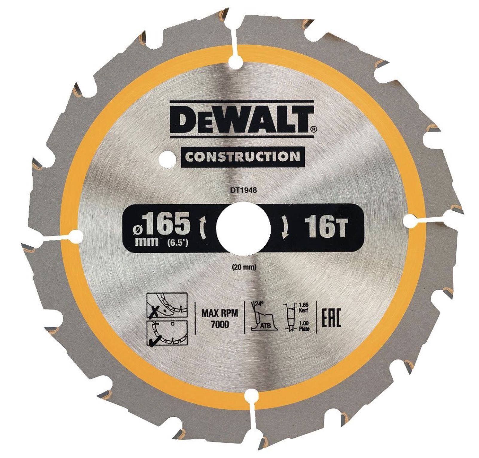 Griešanas disks kokam DeWalt DT1948-QZ; 165x20 mm; 16T