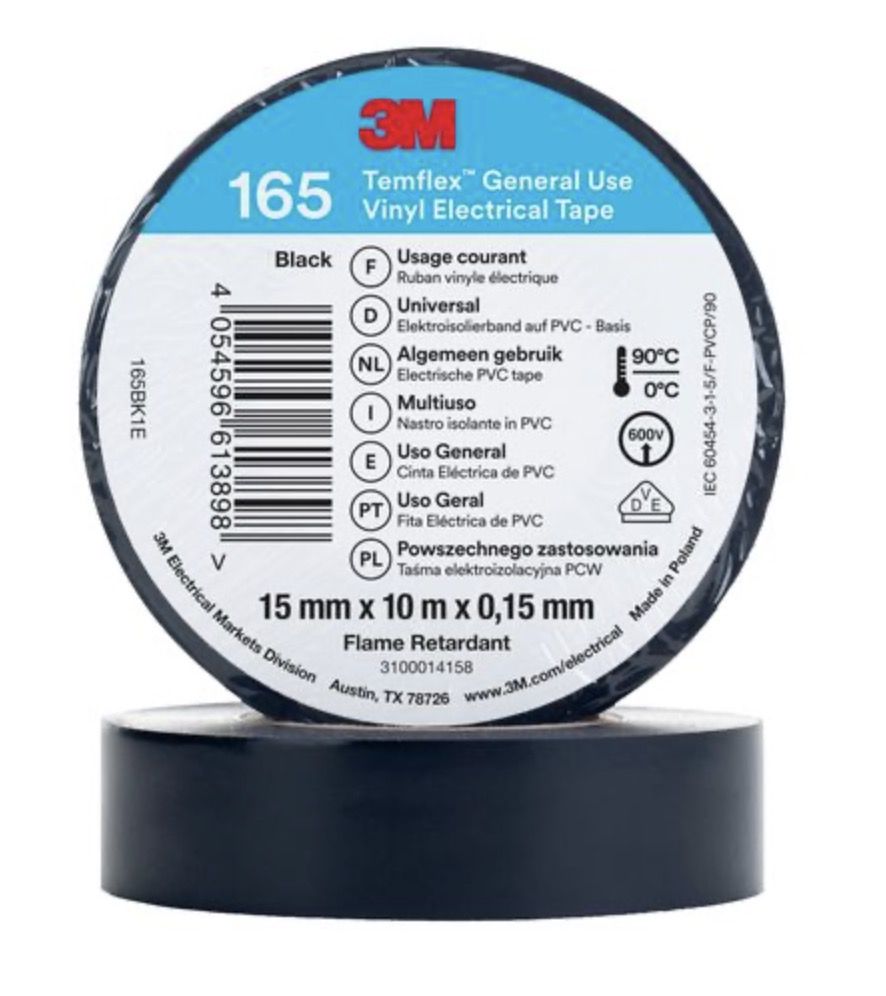 Izolācijas lente 3M Temflex 165; 15 mm; 10 m; melna