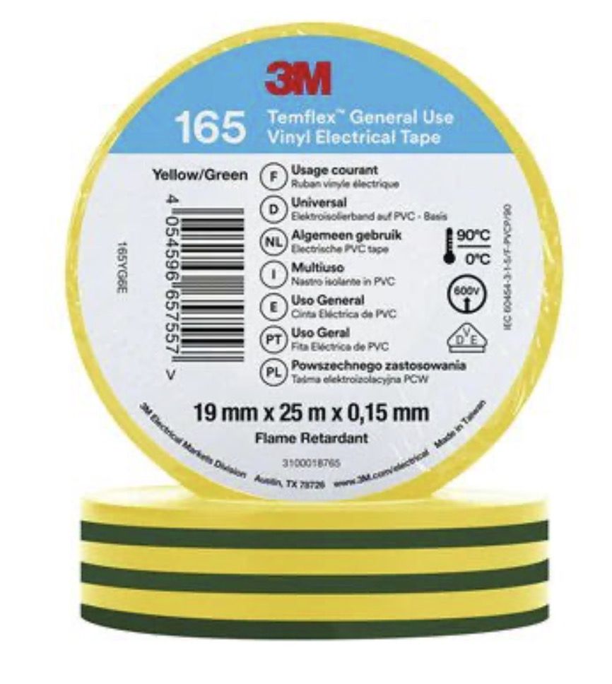 Izolācijas lente 3M Temflex 165; 15 mm; 10 m; žalia; zaļš; dzeltena