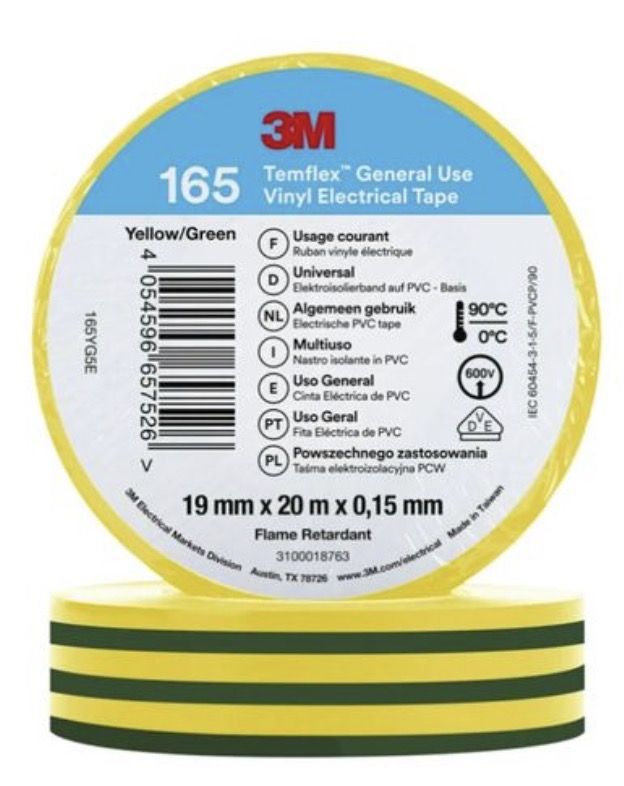 Izolācijas lente 3M Temflex 165; 19 mm; 20 m; zaļš; dzeltena
