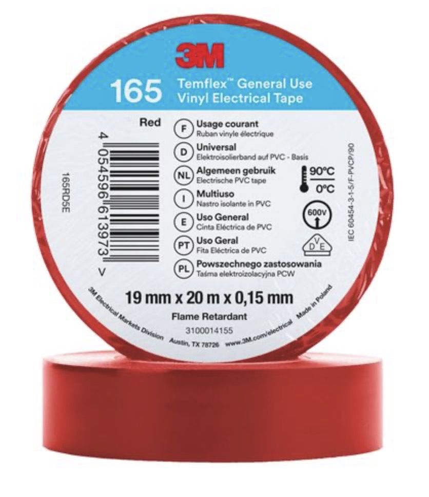 Izolācijas lente 3M Temflex 165; 19 mm; 20 m; sarkana