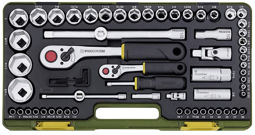 Collu sistēmas uzgriežņu atslēgu komplekts Proxxon 65 gab.; 1/4''+1/2''